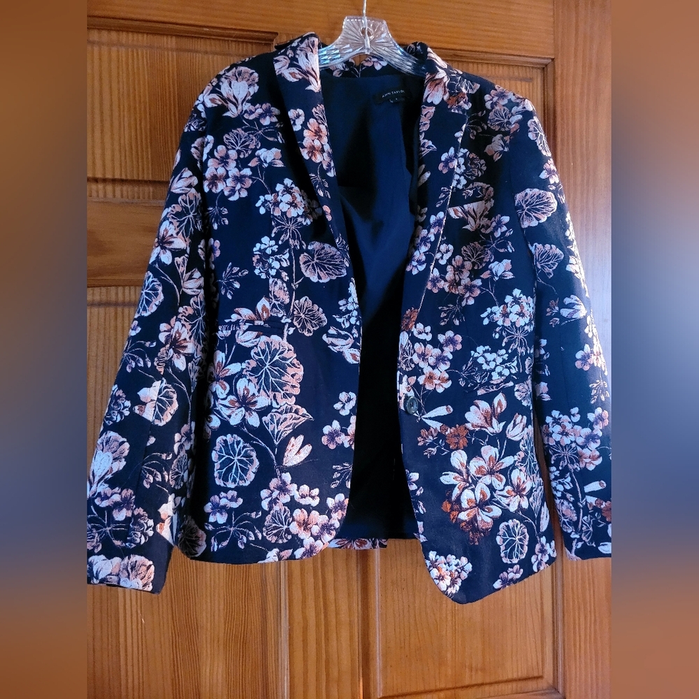 Ann Taylor Navy Floral Blazer with Orange Flowers